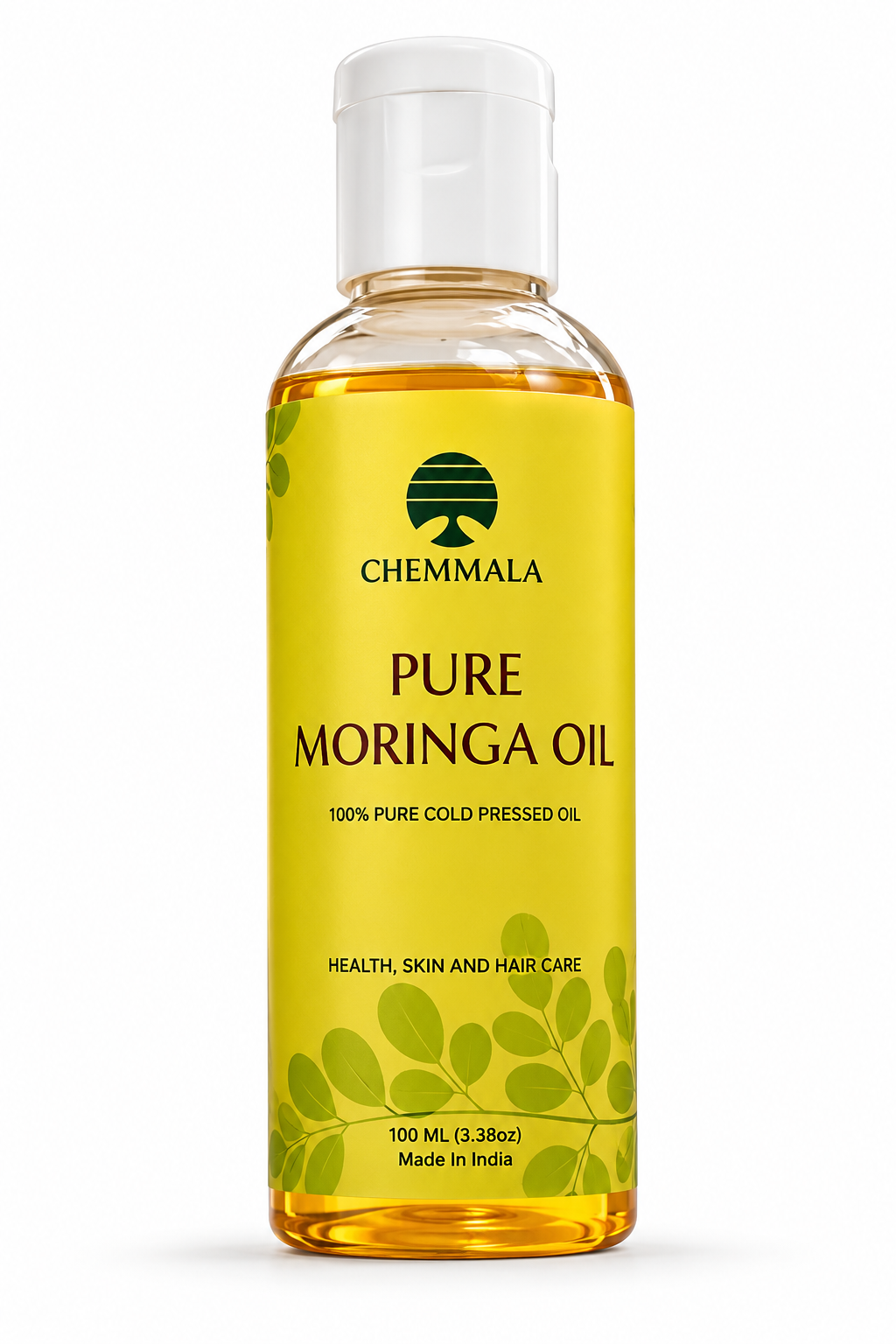 Moringa Seed Oil 1 Chemmala Pure Moringa Oil 100ml bottle on a white background – 100% cold pressed moringa oil for skin, hair and body care.