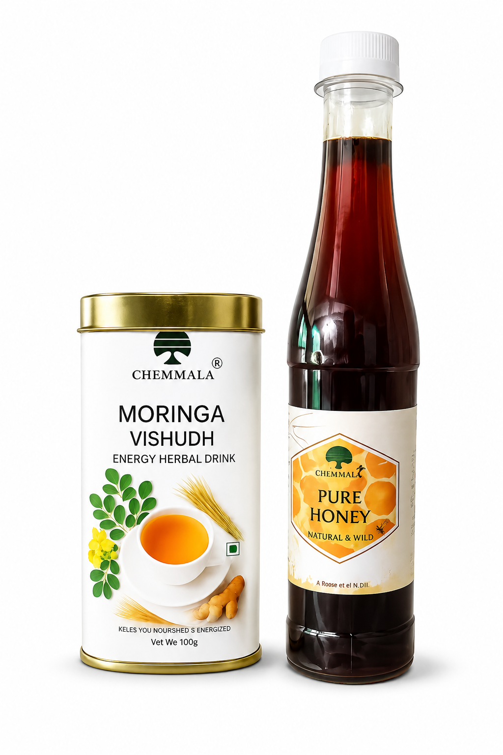Chemmala Moringa Vishudh Herbal Drink with Pure Honey 1 Chemmala Moringa Vishudh Energy Herbal Drink and Pure Honey combo on white background with shadow