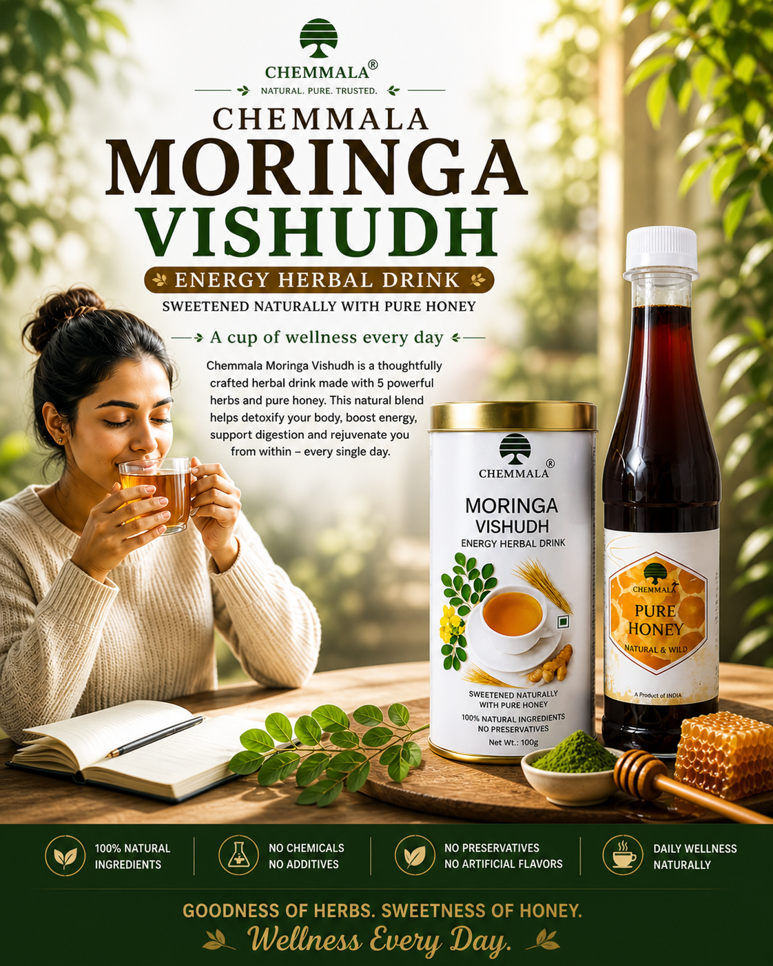 Chemmala Moringa Vishudh Herbal Drink with Pure Honey 5 Lifestyle wellness image of Chemmala Moringa Vishudh Energy Herbal Drink with pure honey featuring a woman enjoying herbal tea in a peaceful natural setting