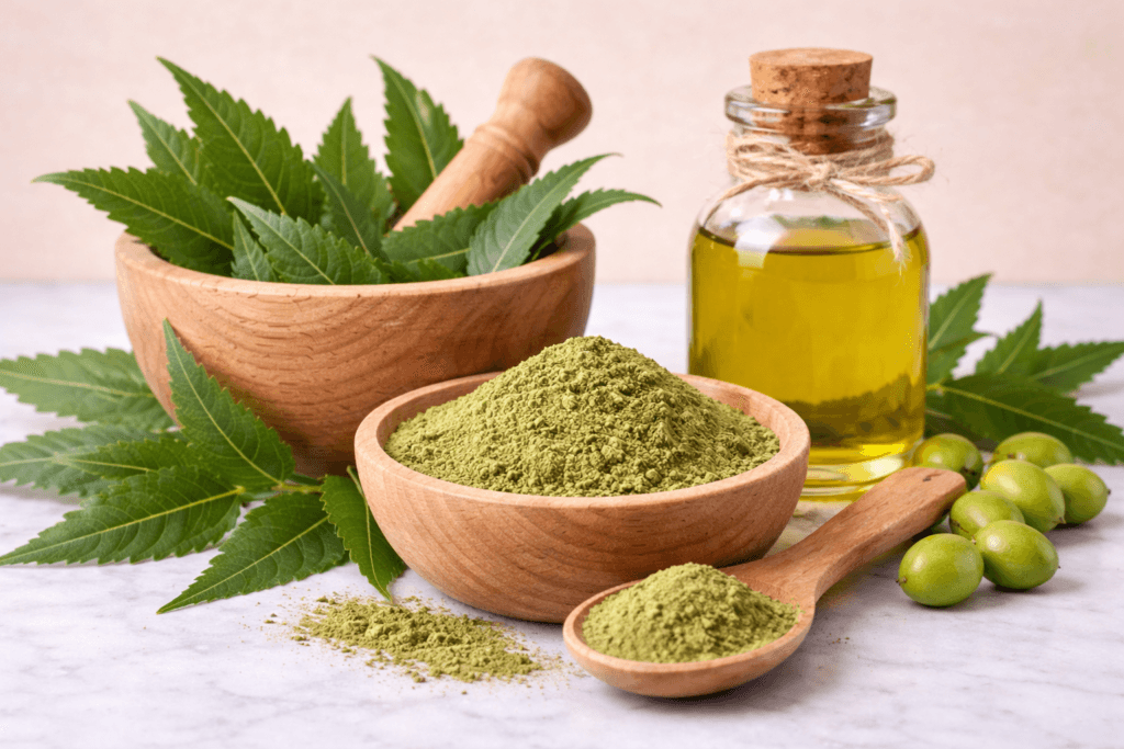 neem leaves powder and oil used for natural skincare and pimples treatment