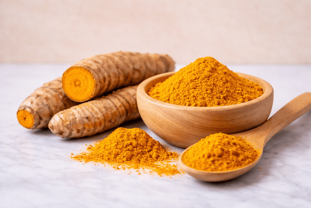 turmeric powder and fresh turmeric roots for natural skincare and pimples