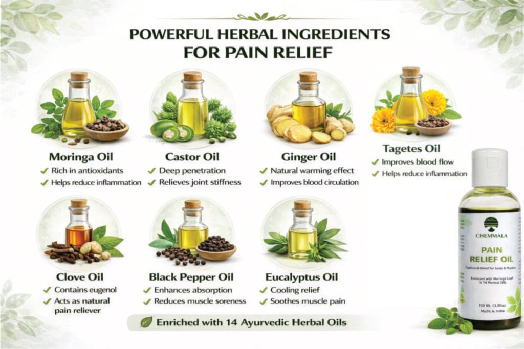 Moringa Herbal Pain Relief Oil for Natural Joint & Muscle Relief 3 Benefits infographic of moringa herbal pain relief oil for joint and muscle comfort