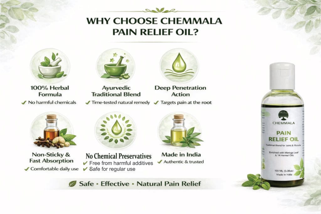 Moringa Herbal Pain Relief Oil for Natural Joint & Muscle Relief 5 Benefits of Chemmala herbal pain relief oil with moringa and Ayurvedic ingredients